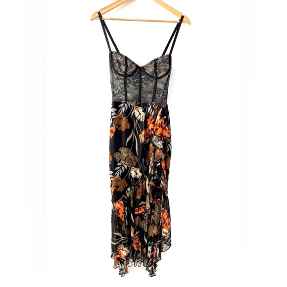 KATIE MAY | Take A Sip Black 70s Floral Orange Lace Corset Flowy Dress XS - Picture 5 of 16